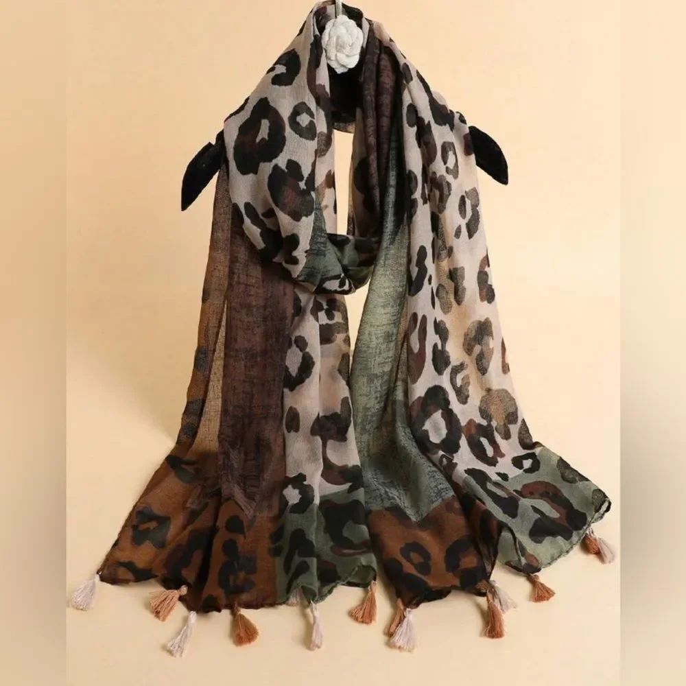 NEW! Leopard Patchwork Print Fringe Scarf